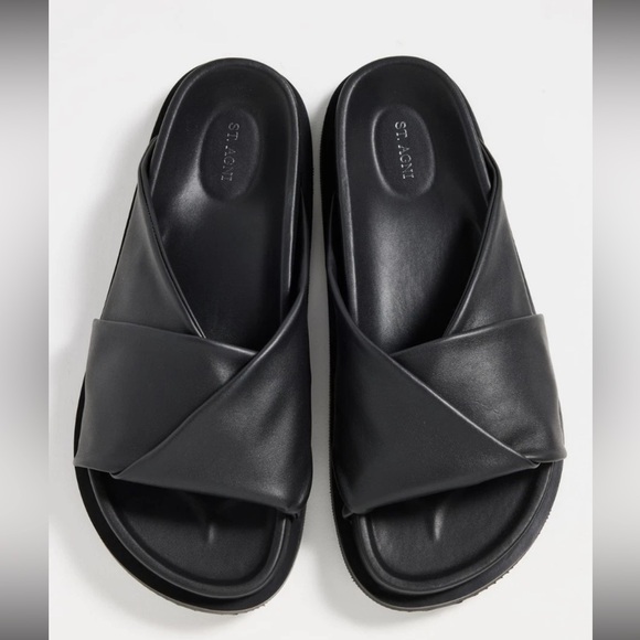 St. Agni Shoes - ST. AGNI Fold Detail Leather Slide Sandals Womens EU 40 Black NEW w/ Dustbag